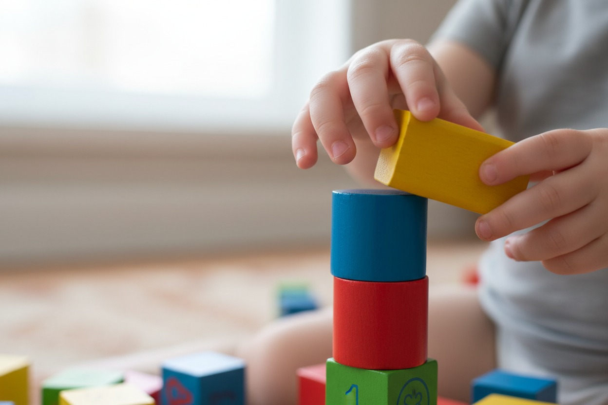 A toddler places a yellow wooden block onto a stack of colorful cylinders.